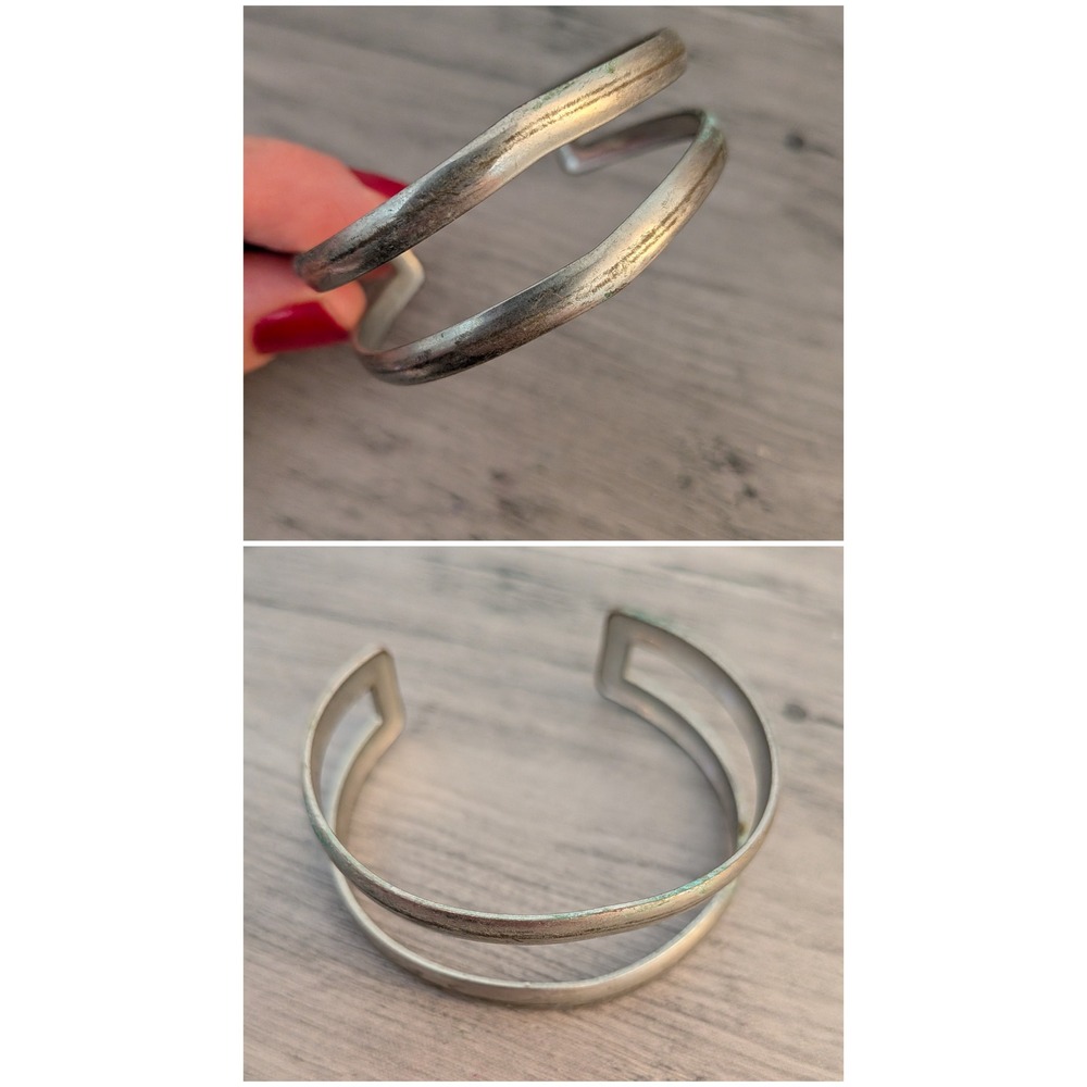 Silver Tone Double Band Cuff Bracelet Minimalist Split Open Frame Bangle